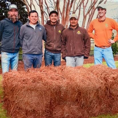 Richard Smith and the Smith Straw crew standing behind freshly raked pine straw bales